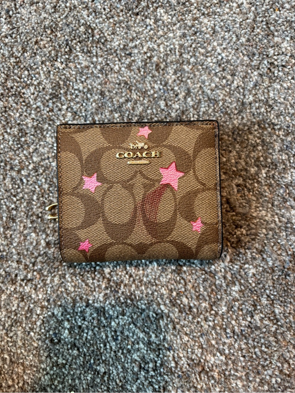 COACH Brown Signature Canvas Wallet with Pink Star Accents